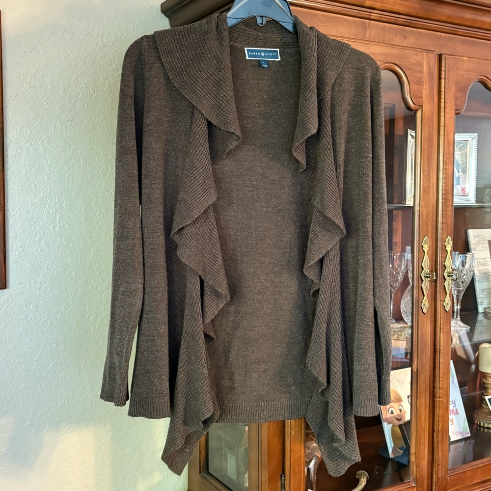 Karen Scott Brown Ruffled Cardigan Sweater Women’s Size L